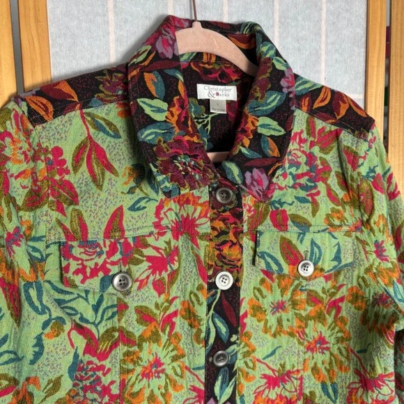 Christopher & Banks Floral Tapestry Jacket Green Pink Button Front Womens Large - Picture 2 of 7